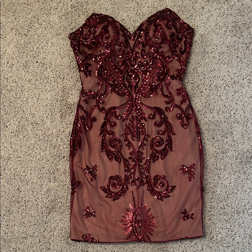 Dress any special occasion! Strapless Burgundy & Nude Sequin Dress!